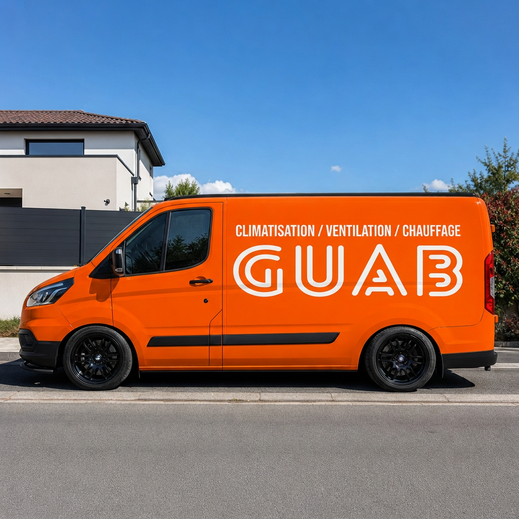 Camion GUAB floqué orange — climatisation, ventilation et chauffage en Gironde